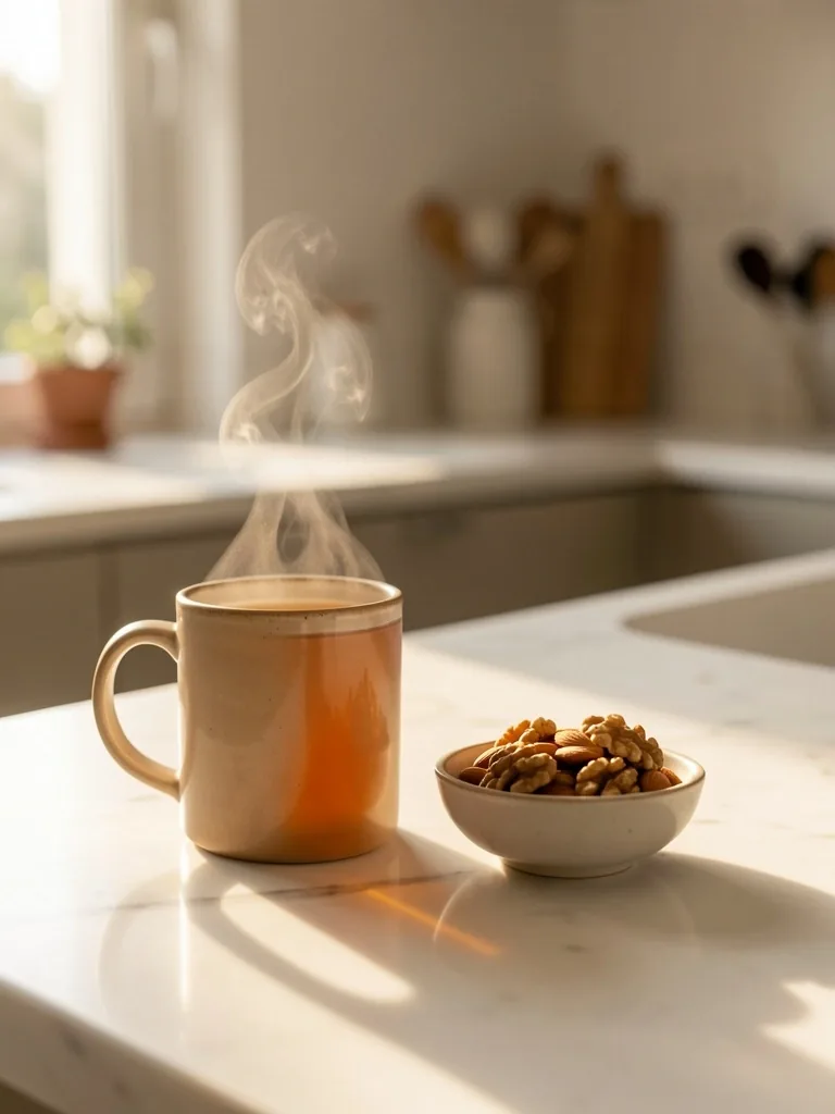 Cucina italiana al mattino con tazza di tè e ciotola di frutta seca