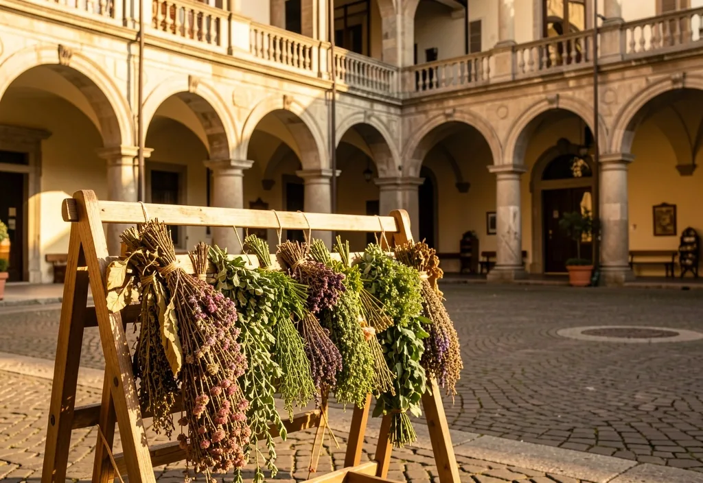 Cortile storico torinese con erbe essiccate