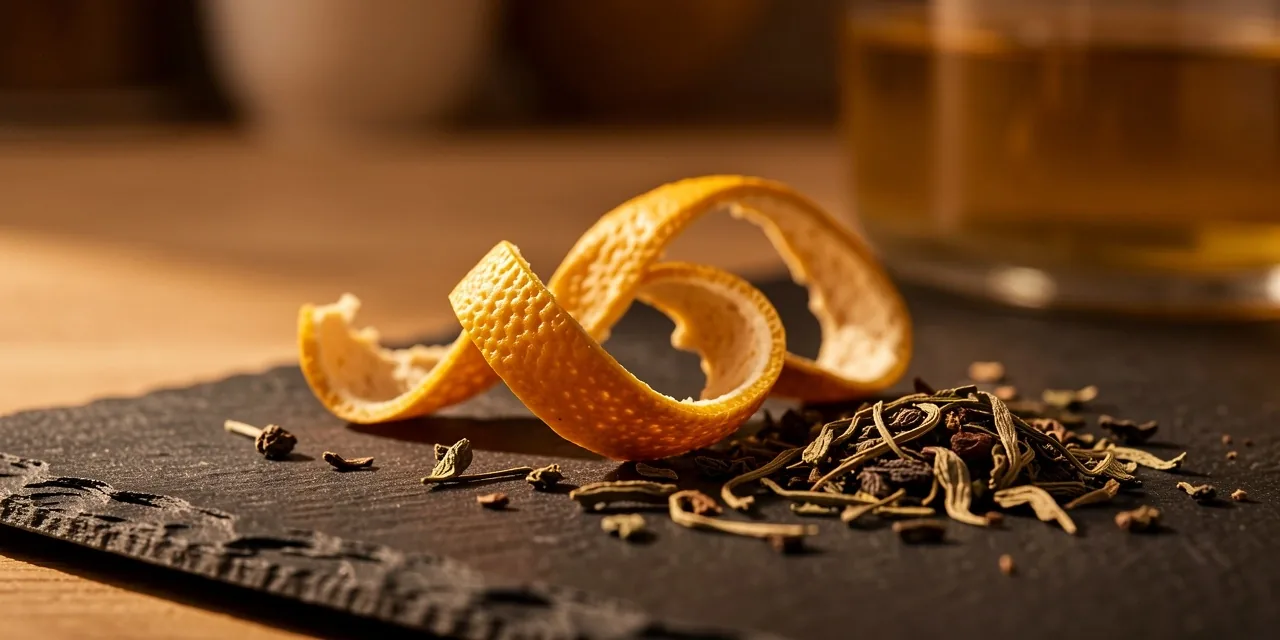 Scorza di limone essiccata e foglie di erba mate